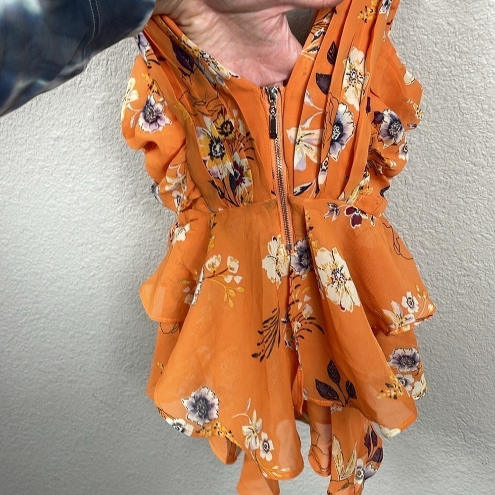 Haute Monde Ruffle Tiered Peplum Chiffon V Neck Blouse Orange Floral - Picture 2 of 7